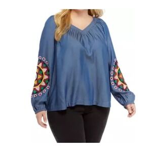 Crown & Ivy Curvy 1X Blue Embroidered Long Sleeve Blouse Womens‎ Casual Boho